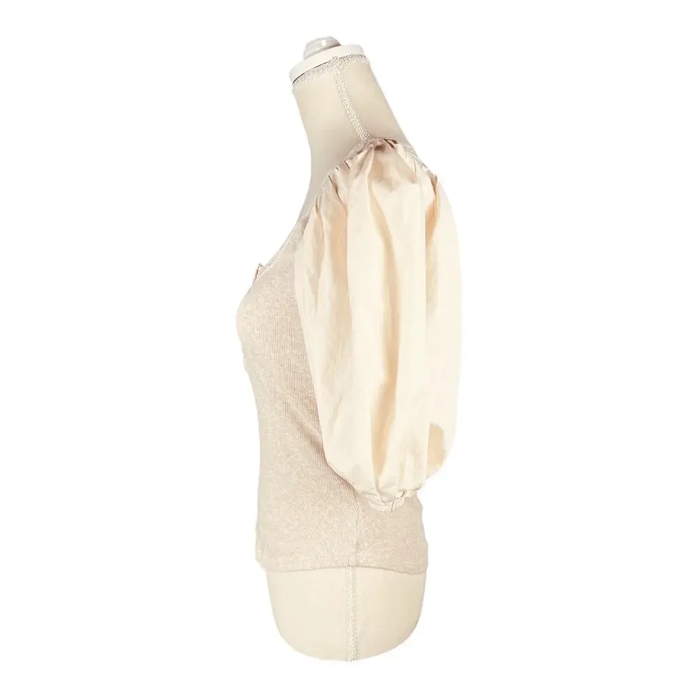Ulla Johnson Janette Oatmeal Beige Cotton Ribbed Puff Short Sleeve Henley Top P